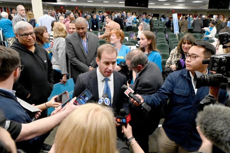 Former Hartford Mayor Luke Bronin talks to reporters after winning the First Congressional District Democratic convention, where delegates had to choose between incumbent Rep. John Lars, Luke Bronin, Jillian Gilchrest and Ruth Fortune on May 11, at Goodwin College in East Hartford.