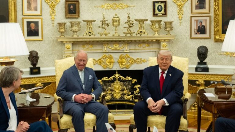 King Charles III and US President Donald Trump in the Oval Office on April 28, 2026 in Washington, DC.