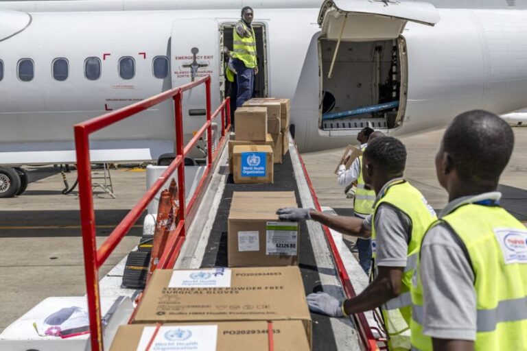 Ground crew at an airport in Nairobi, Kenya, load medical supplies onto a United Nations Humanitarian Air Service-operated plane bound for Bunia, in eastern DRC, as WHO coordinates deliveries on Wednesday as part of the Ebola response.