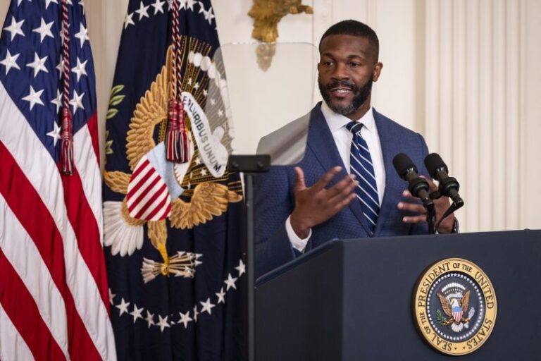 Randall Woodfin, Mayor of Birmingham, Alabama, speaks during an event in the East Room of the White House on September 26, 2024.