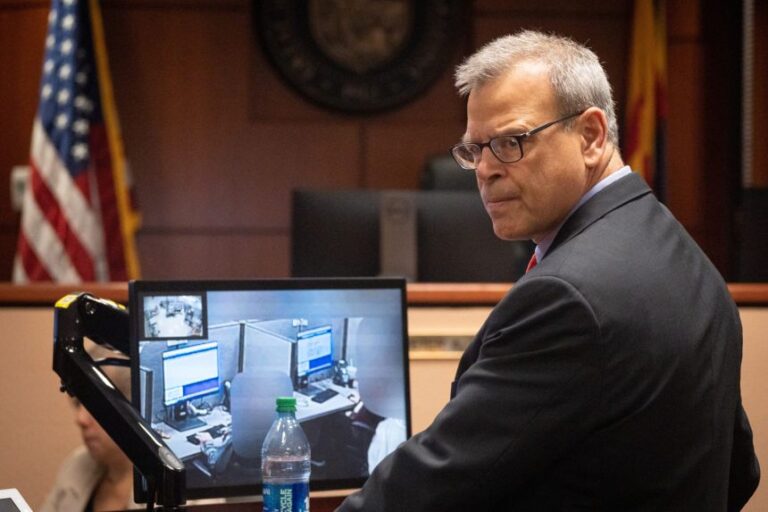 Attorney Kurt Olsen during his opening statement in Kari Lake's election challenge trial on May 17, 2023, in Maricopa County Superior Court in Mesa, Arizona.