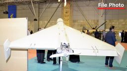 File Photo: Iran's HESA Shahed 136 drone is on display at the National Aerospace Park in Tehran, Iran, November 12, 2025. The HESA Shahed 136 is an Iranian-designed one-way attack drone, also called a kamikaze drone or suicide drone, in the form of an autonomous pusher-propelled drone. It is designed and manufactured by the Iranian state-owned company HESA in partnership with Shahed Aviation Industries. ( The Yomiuri Shimbun via AP Images )