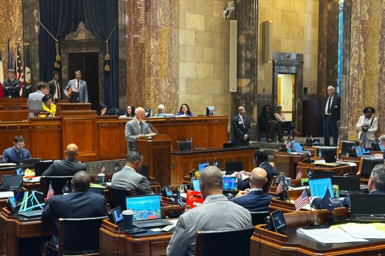 Louisiana state Sen. Jay Morris speaks about Senate Bill 121, a bill to to redistrict the state's congressional districts, to members of the Louisiana state legislature in Baton Rouge, on May 14.