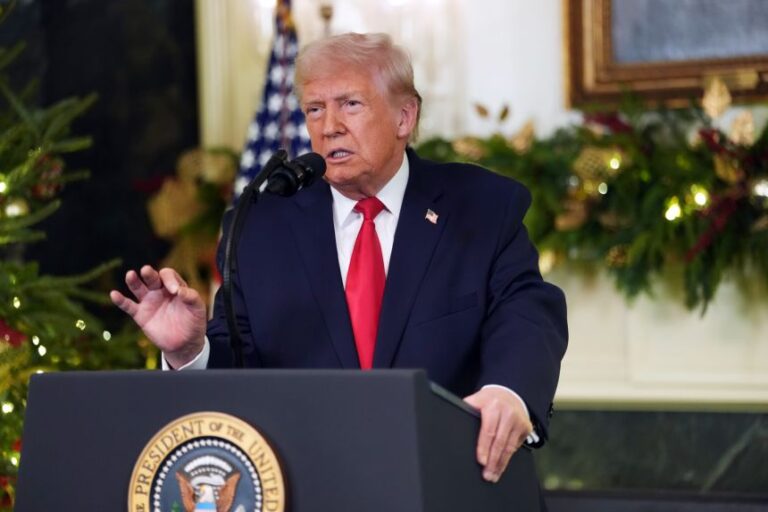 President Donald Trump addresses the nation from the Diplomatic Room of the White House on December 17, 2025, in Washington, DC.