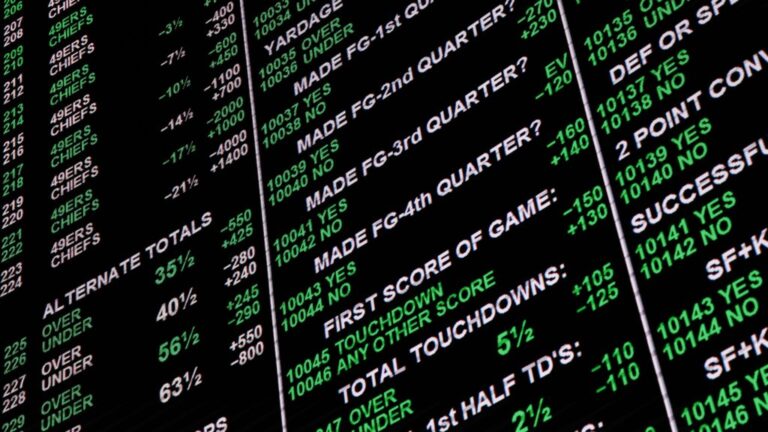 LAS VEGAS, NEVADA - FEBRUARY 09: An interior view of the Super Bowl LVIII betting odds video board and prop bets at the Westgate Superbook sports book ahead of the Super Bowl 58 between the Kansas City Chiefs and the San Francisco 49ers on February 09, 2024 in Las Vegas, Nevada. (Photo by Aaron M. Sprecher/Getty Images)