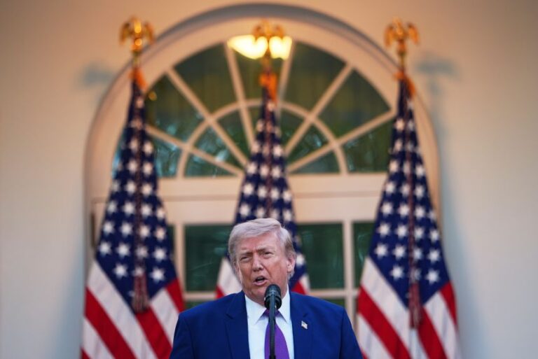 President Donald Trump speaks in the White House Rose Garden on May 11, 2026.