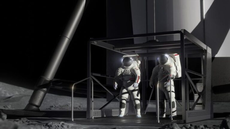 These artist’s concepts show SpaceX’s Starship Human Landing System (HLS) on the moon. SpaceX is working to develop a Starship HLS to carry astronauts from lunar orbit to the moon’s surface.