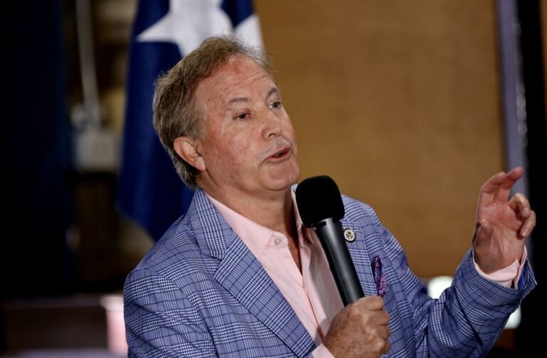 Texas Attorney General Ken Paxton speaks to supporters at a US Senate campaign stop on May 15, 2026 in Little Elm, Texas.