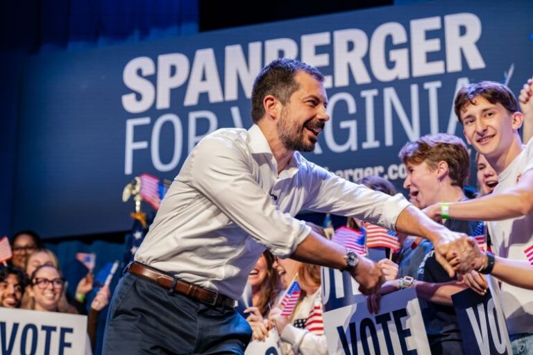 Pete Buttigieg, former US secretary of transportation, during a campaign event for former Representative Abigail Spanberger, Democratic gubernatorial candidate for Virginia, in Charlottesville, Virginia, on October 21, 2025. Spanberger went on to win the election and now serves as governor of Virginia.