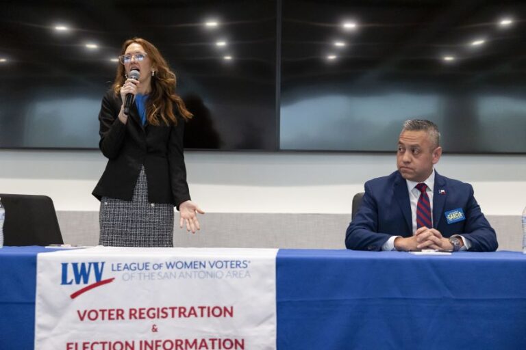 Maureen Galindo, left, and Johnny Garcia, candidates for US House District 35, participate in a forum held by the League of Women Voters of the San Antonio Area in the Sidney Board Room at Brooks in San Antonio on Wednesday, May 6, 2026.