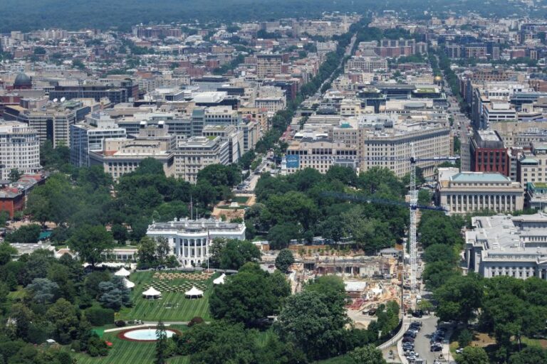 Construction continues on the planned White House ballroom in the area of the former East Wing in Washington, DC, on May 18, 2026.
