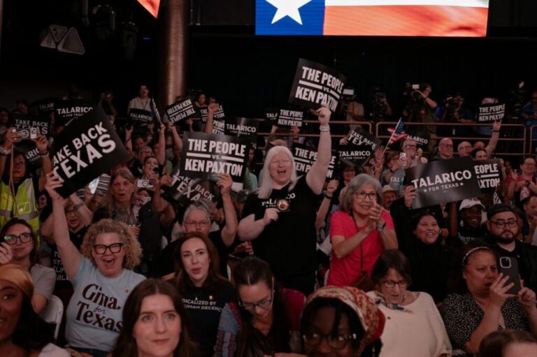 People cheer during a rally for Democratic Senate candidate James Talarico at Rich's Houston on Wednesday, May 27, in Houston, Texas.
