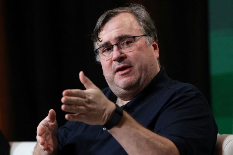 Reid Hoffman,co-founder of LinkedIn and co-founder of Infection AI, speaks during the Axios BFD event in New York, on October 12, 2023.