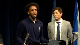 Mubashir speaks during a news conference with Mayor Jacob Frey at Minneapolis City Hall on Wednesday, December 10, 2025.