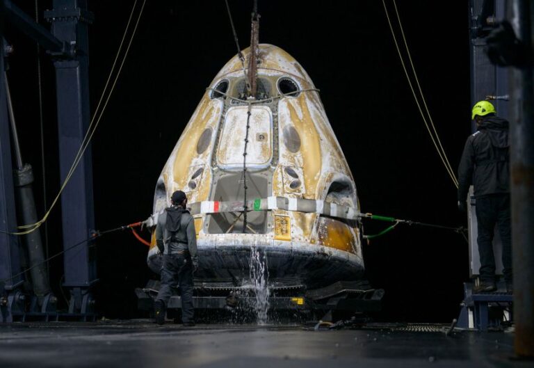 The SpaceX Dragon Endeavour spacecraft shortly after it returned to Earth with Crew-11 astronauts Zena Cardman, Mike Fincke, Kimiya Yui and Oleg Platonov aboard.