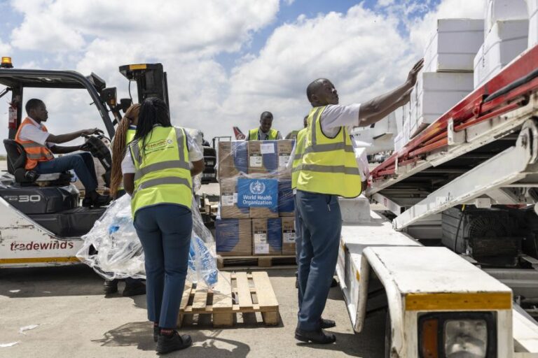 Ground crew load medical supplies onto a United Nations Humanitarian Air Service (UNHAS) operated charter plane bound for Bunia in eastern Democratic Republic of Congo as the World Health Organization (WHO) coordinates delivery as part of the response to an Ebola outbreak, at Jomo Kenyatta International Airport in Nairobi on May 20.