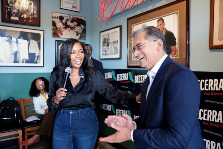 Rep. Jasmine Crockett introduces former HHS Secretary and California Attorney General Xavier Becerra, leading candidate for California governor, during an endorsement breakfast at Dulan's on Crenshaw in Los Angeles on May 19, 2026.
