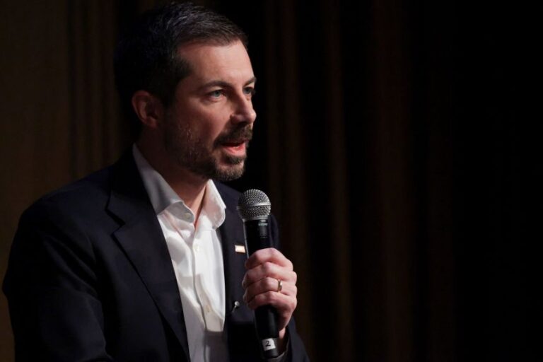 Former Transportation Secretary Pete Buttigieg speaks in New York City on April 10, 2026.