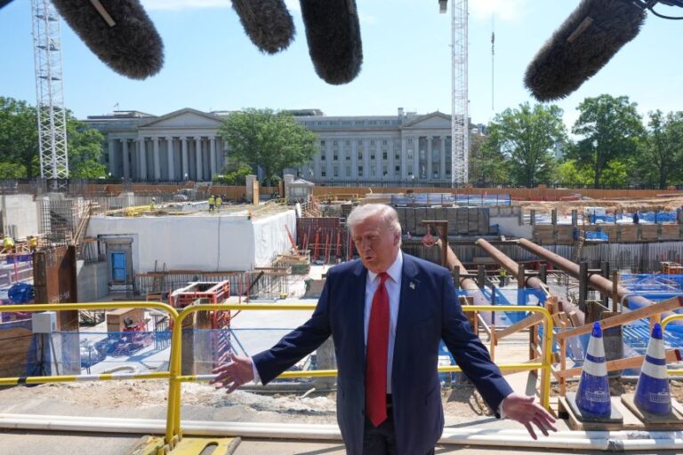 President Donald Trump tours ballroom construction outside the White House on May 19.