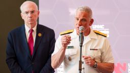 Admiral Brian Christine, MD, the Assistant Secretary for Health, US Department of Health and Human Services speaks during a press conference at the Davis Global Center at the University of Nebraska Medical Center campus, which holds the National Quarantine Unit, on May 11, in Omaha, Nebraska.