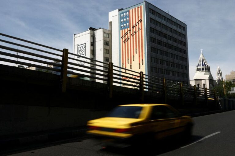 An anti-US mural on a building in Tehran, pictured on April 27.