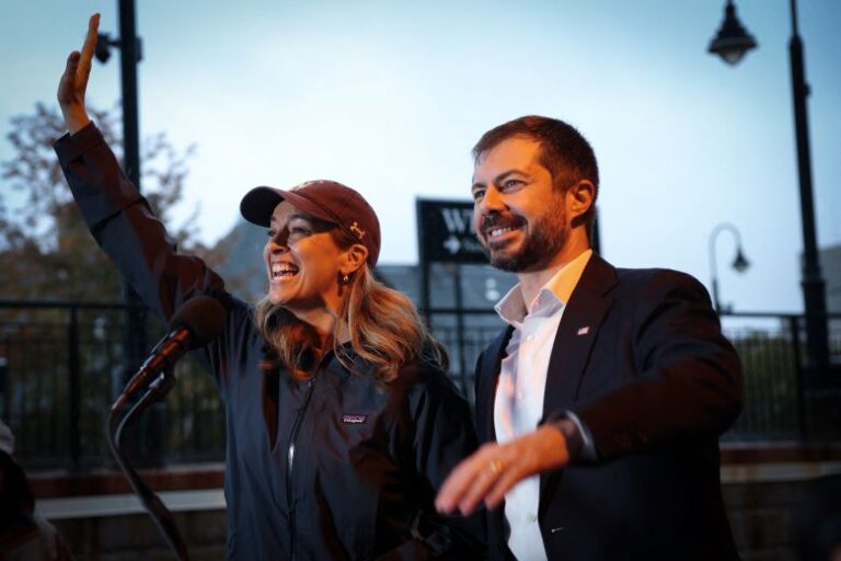 Mikie Sherrill, Democratic nominee for New Jersey governor, flanked by former US Transportation Secretary Pete Buttigieg, campaigns in Westfield, New Jersey, on October 30, 2025. Sherrill went on to win the gubernatorial election last year and now serves as governor of New Jersey.