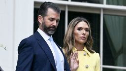 Donald Trump Jr. and Bettina Anderson arrive on the South Lawn of the White House on April 21, 2025, in Washington, DC.