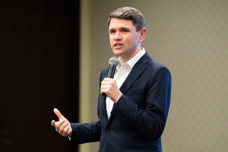 James Talarico speaks to students and community members at Prairie View A&M University in Prairie View, Texas, on April 22.