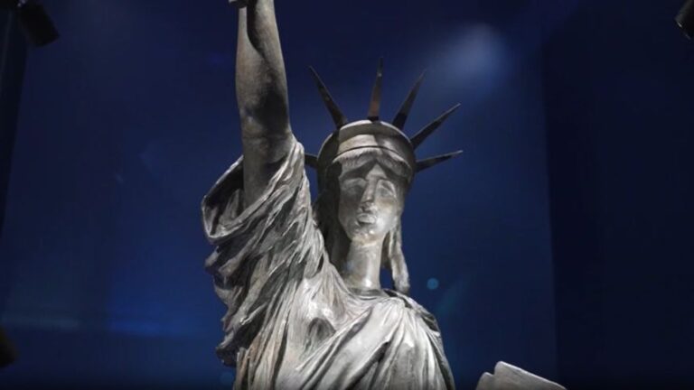 A preliminary model, or maquette, of the Statue of Liberty sculpture, at the Smithsonian – part of an exhibit timed to the 250th Centennial of the United States.