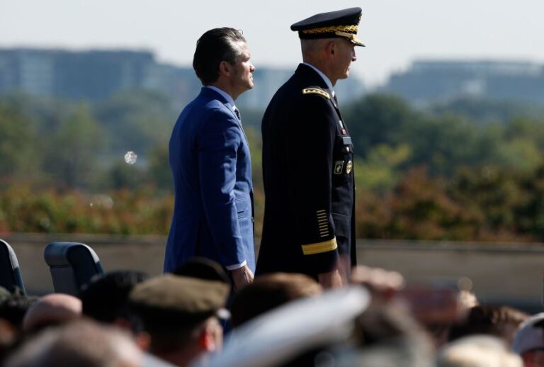 US Defense Secretary Pete Hegseth, left, and US Army Chief of Staff Gen. Randy George attend a ceremony at the Pentagon on September 19, 2025, in Arlington, Virginia.