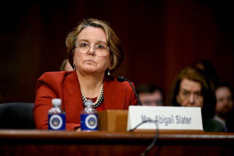 Abigail Slater, US assistant attorney general nominee for US President Donald Trump, during a Senate Judiciary Committee confirmation hearing in Washington, DC, on February 12, 2025.