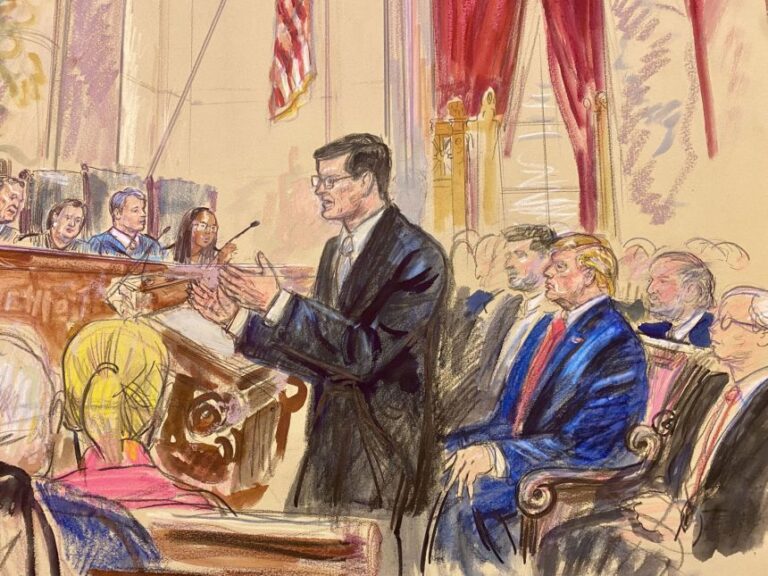 This courtroom sketch shows US Solicitor General D. John Sauer and President Donald Trump during oral arguments over Trump’s executive order that attempts to end automatic birthright citizenship at the US Supreme Court in Washington, DC, on Wednesday, April 1, 2026.
