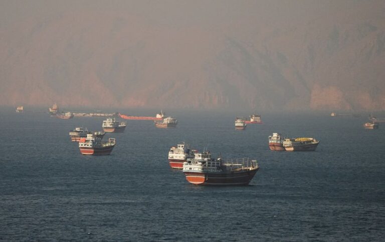 Vessels at the Strait of Hormuz, as seen from Musandam, Oman, on Monday.