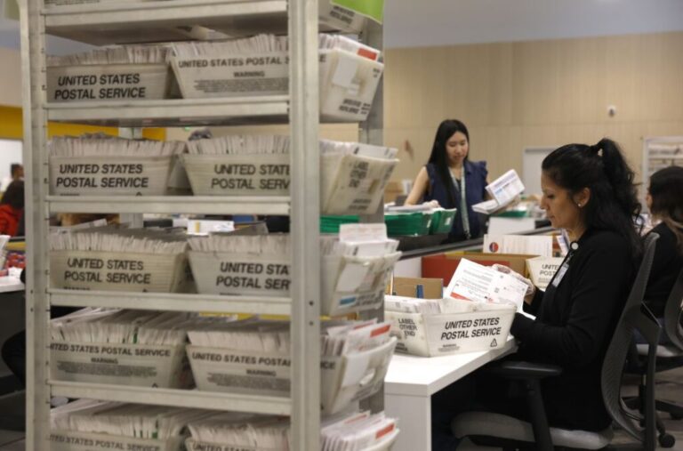 Election workers process ballots for the California state primary election at the Los Angeles County Ballot Processing Center on June 05, 2026 in City of Industry, California.