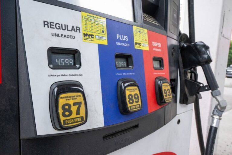 Fuel prices are displayed at a Manhattan gas station in New York on May 27.