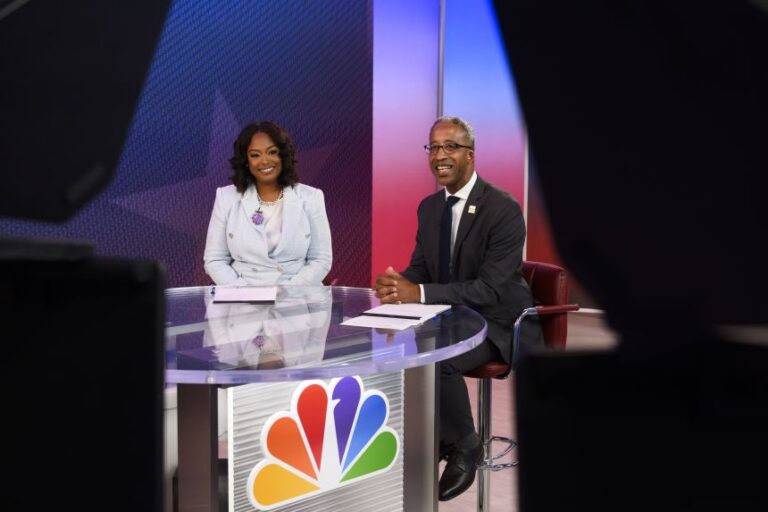 Janeese Lewis-Geroge and Kenyan McDuffie have a exchange during a mayoral debate in June 4, at NBC 4 Washington, DC.