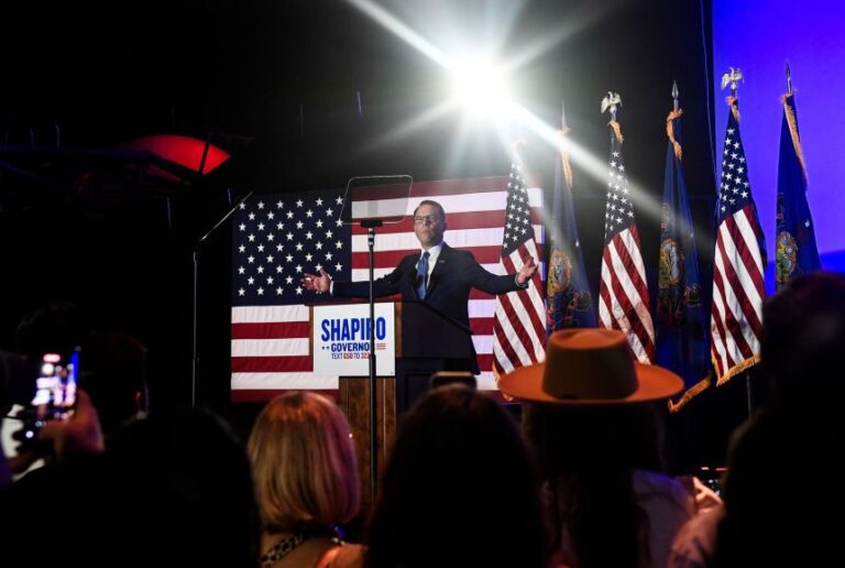 Shapiro speaks during a primary night event at The Fuge on May 19, 2026, in Warminster, Pennsylvania.