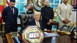 President Donald Trump speaks to reporters as he meets with UFC fighters in the Oval Office of the White House on May 6, 2026.