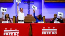 Mayoral candidates participate in a 'lightning round' during the Free DC candidate forum, an event for constituents to meet and question candidates for mayor and congressional delegate, on March 14, 2026 in the Southeast neighborhood of Washington, DC. Candidates attending the mayoral forum included, from left to right, Janeese Lewis George, Gary Goodweather, Yaida Ford, and Kenyan McDuffie.