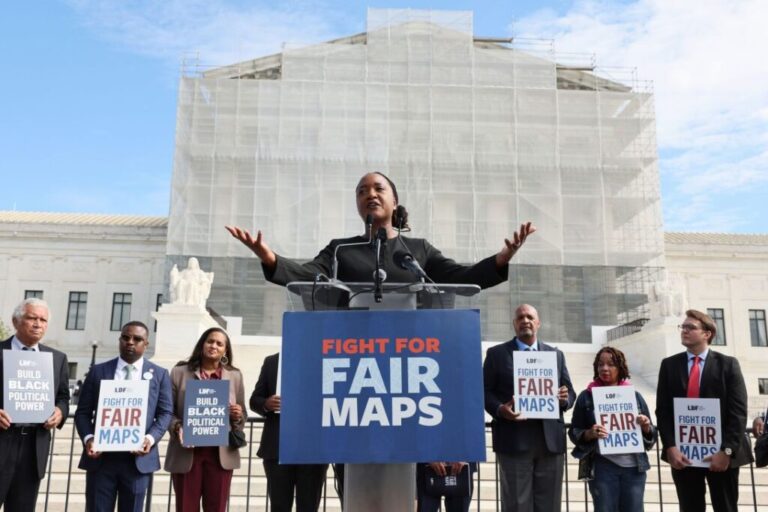 Janai Nelson speaks at the rally as activists and participants gather in front of the Supreme Court of the United States during Supreme Court re-argument of Louisiana v. Callais on October 15, 2025 in Washington, DC.