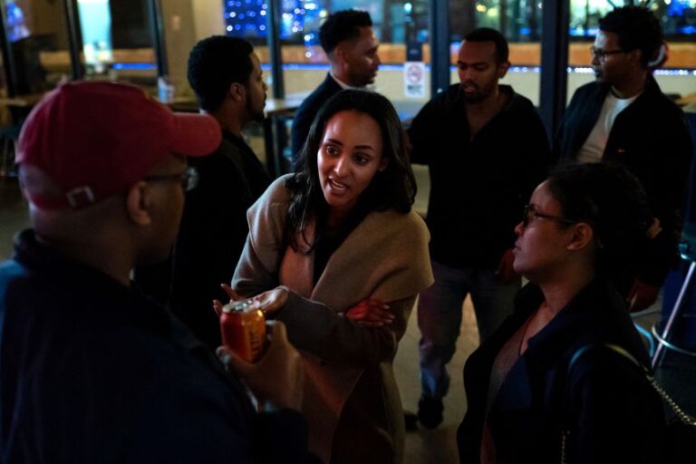Melat Kiros, Democratic candidate for the US House of Representatives from Colorado's 1st Congressional District, meets with members of Washington, DC's Ethiopian diaspora during an event at Punch Bowl Social in Arlington, Virginia, US on March 15, 2026.