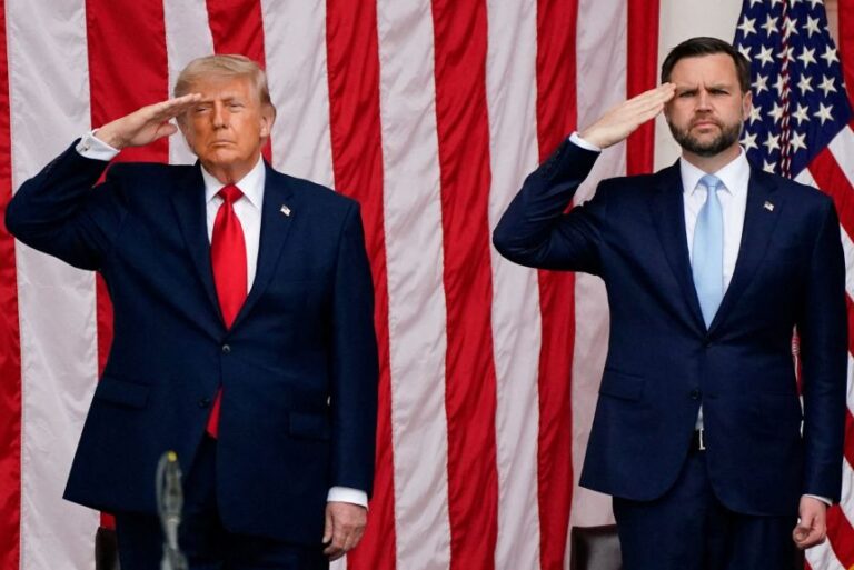 President Donald Trump and Vice President JD Vance salute during a Memorial Day event at Arlington National Cemetery on May 25, 2026.