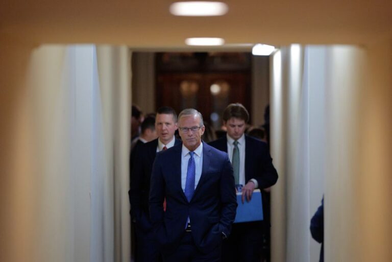 Senate Majority Leader John Thune returns to his office after speaking on the Senate Floor and talking with reporters at the US Capitol on March 11, 2026 in Washington, DC.