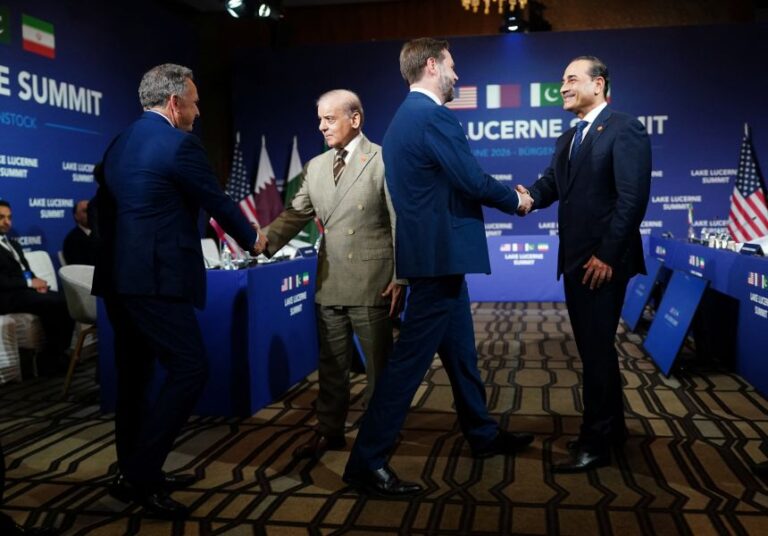 President Donald Trump's special envoy Steve Witkoff, left, and Vice President JD Vance greet Pakistani officials during a quadrilateral meeting between the US, Iran, Pakistan and Qatar at the Lake Lucerne Summit in Switzerland on June 21.