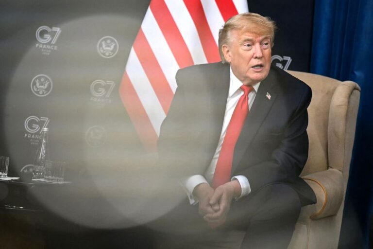US President Donald Trump delivers remarks as he attends a bilateral meeting with the UAE's president during the G7 summit in Evian, eastern France, on June 16.