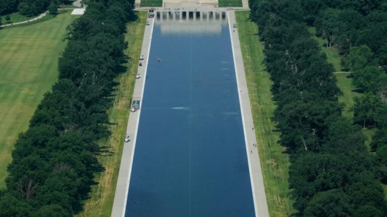 The Lincoln Memorial Reflecting Pool, which has been painted blue at the directive of US President Donald Trump, ahead of the 250th anniversary of U.S. Independence, in Washington, DC, on June 11, 2026.