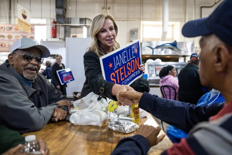 Janelle Stelson, the Democratic candidate for Pennsylvania's 10th Congressional District, talks with patrons at the Broad Street Market in Harrisburg, on October 19, 2024. Stelson was one of four Shapiro picks who advanced in their primaries on May 19.