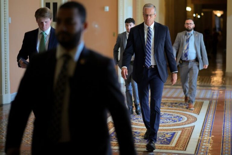 Senate Majority Leader John Thune (R-SD) heads for the Senate Chamber in between votes at the US Capitol on Thursday in Washington, DC.