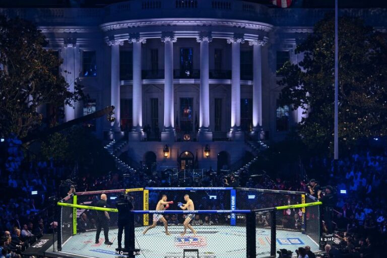 Brazil's Diego Lopes and America's Steve Garcia fight in the featherweight bout during the