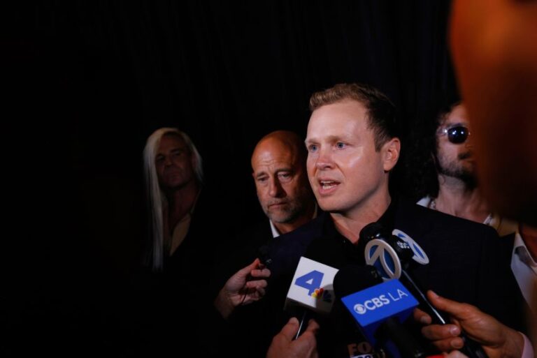 Spencer Pratt fields interviews during an election night event on Tuesday, June 2, 2026, in Los Angeles.